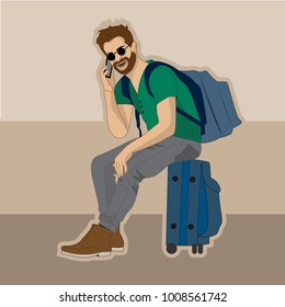 The traveler, the telephone, the man with the phone, suitcases, backpack, airport, station, waiting, holiday, vacation