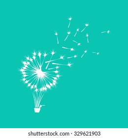 A traveler with a telescope flying on a balloon of a dandelion. Fairy story vector logo.