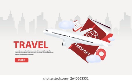 Traveler tourist accessories luggage suitcase sun glasses hat camera passport tickets vacation holidays trip plane map pin