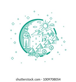 Traveler or Tourist in the Background of Mountains, Trees and Deer. Nature Tourism, Camping or Hiking Design Concept. Vector, Illustration