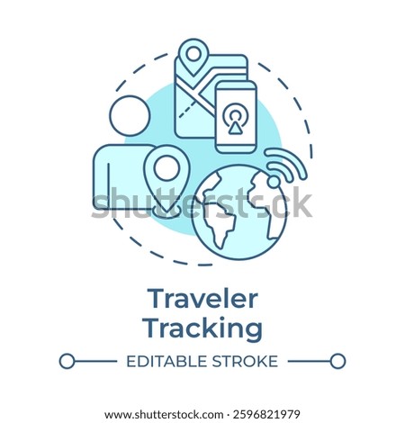 Traveler tracking soft blue concept icon. Real time updates on location. Travel risk management solution. Round shape line illustration. Abstract idea. Graphic design. Easy to use in presentation