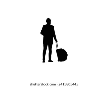 Traveler with travel bag silhouette. Black silhouettes of travelers with suitcases on a white background.