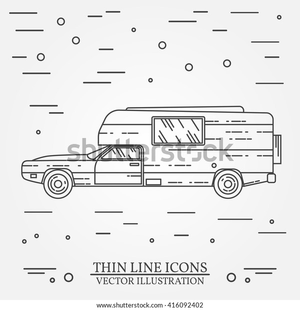 Traveler truck camper thin\
line. Camping RV trailer family caravan outline icon. RV travel\
camper grey and white vector pictogram isolated on white. Vector\
illustration.  
