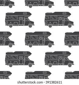 Traveler truck seamless pattern. Camping van outline repeating background for textile, web banners and t-shirts. Rv vector pattern in black and white colors.