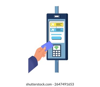 Traveler using debit card for easy payment at airport kiosk automated flight ticket machine