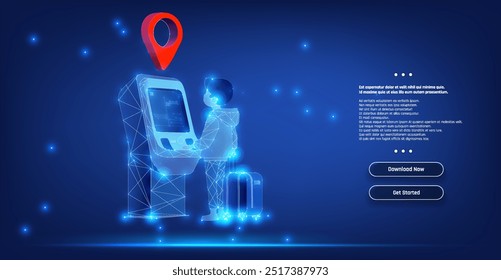 A traveler using a digital kiosk for navigation assistance in a modern airport setting at night