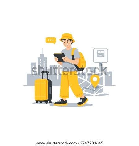 Traveler Using Tablet at City Bus Stop