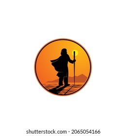 Traveler vector design. traveler walking in the desert in the evening