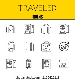 traveler vector line icons set. luggage, passport and luggage Icons. Thin line design. Modern outline graphic elements, simple stroke symbols stock illustration