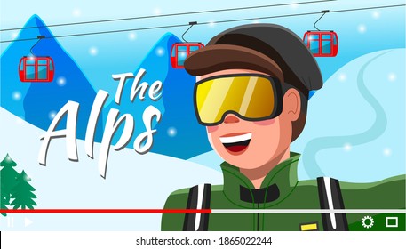 Traveler Video Blogger Young Man. Screensaver Of Video Blog Post About Travel To Alps. Male Character In Warm Clothes And Ski Mask In Winter Landscape Telling About Tourism, Mountain Hiking