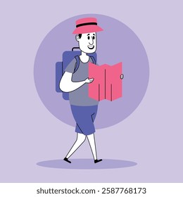 Traveler walking and studying colorful map, equipped with backpack and wearing hat. Discovery of new locations concept