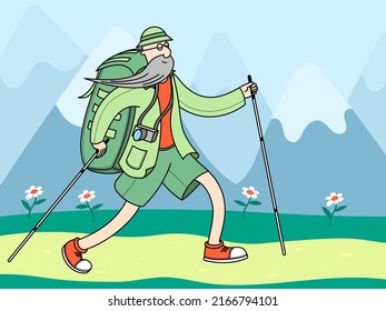 A traveler walks in the mountains with trekking poles in his hands, a backpack over his shoulders and a camera around his neck.	
