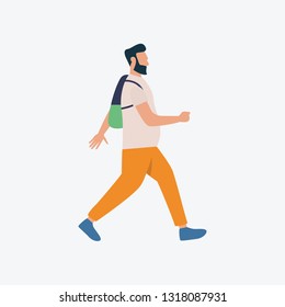 Traveler wearing backpack and walking. Tourist, rucksack, activity. Can be used for topics like tourism, hiking, lifestyle