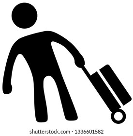 Traveler with wheel suitcase baggage figure black silhouette, vector illustration, horizontal, isolated, over white