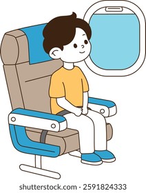 a traveler who sits in an airplane seat and looks out the window. minimal line art vector illustration.