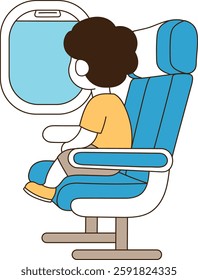a traveler who sits in an airplane seat and looks out the window. minimal line art vector illustration.