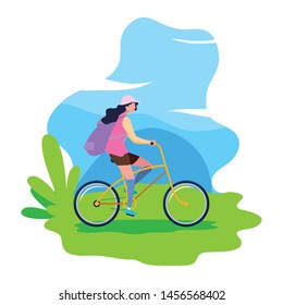 traveler woman with bag riding bicycle
