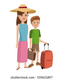 traveler woman and boy tourist with suitcase hat