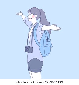 Traveler woman woman character design of vector. Cartoon illustration.