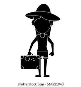 traveler woman hat suitcase pictogram