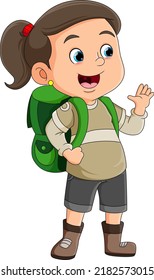 The traveler woman is holding a big bag and waving hand of illustration