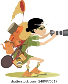 Traveler woman making photo. 
Smiling traveler woman with a backpack and a camera making photo
