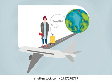 A traveler (woman) standing on the wing of the plane as on the walkway to the Earth attractions