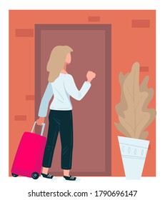 Traveler woman with suitcase bag knocking doors. Traveling female character returning home or visiting friends in town. Lady approaching apartment with house plant beside, vector in flat style