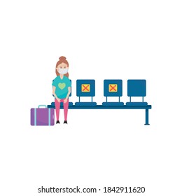 traveler woman with suitcase keeping a social distancing on seats over white background, flat style, vector illustration