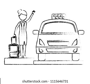 traveler woman taking taxi with luggage