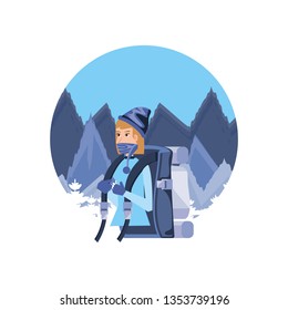 traveler woman with travel bag and snowscape