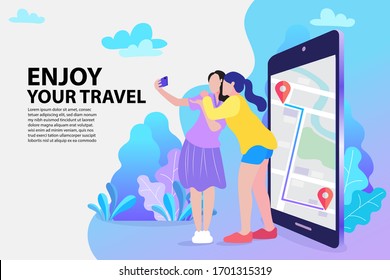 traveler woman using map application on smartphone, girl using smartphone to taking picture, modern flat design concept. Landing page template, vector EPS10.
