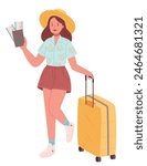 Traveler woman wear casual clothes hold suitcase passport ticket do winner gesture isolated on plain background. Tourist travel abroad in free spare time rest getaway. Air flight trip journey concept