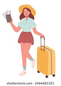 Traveler woman wear casual clothes hold suitcase passport ticket do winner gesture isolated on plain background. Tourist travel abroad in free spare time rest getaway. Air flight trip journey concept