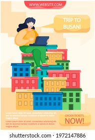 Traveler Young Girl With Laptop Sitting At Top Of Building In Busan City. Female Tourist Travels Abroad. Woman On Excursion In South Korea, Travel Agency Advertising Poster, Tour Of Trendy Modern City