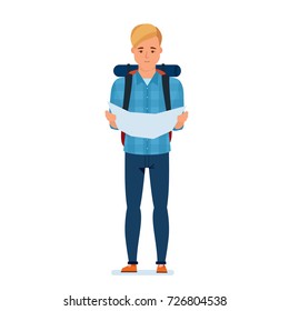 Traveler young man with backpack, seeks route on map. Healthy lifestyle, outdoor activities. Illustration in cartoon style.
