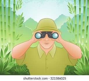 The Traveler. Young man in hiking clothes, looking through binoculars, on mountainscape background.