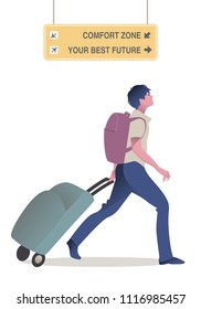 Traveler young man walking with backpack pulling a trolley. Airport signs with motivational message. Isolated on white background.