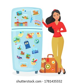 Traveler young pretty woman showing fridge with souvenir famous places magnets flat vector illustration. Travel agency concept.