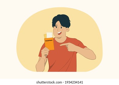 Traveler young tourist man point index finger on passport tickets concept