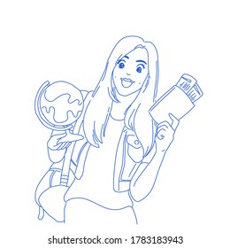 Traveler young woman is excited character design of vector. Travel abroad or Study abroad.
