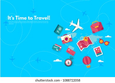 Traveler's accessories. Vacation elements. It’s Time to Travel text. Travel concept background. Flat design vector illustration