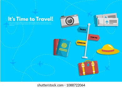 Traveler's accessories. Vacation elements. It’s Time to Travel text. Travel concept background. Flat design vector illustration