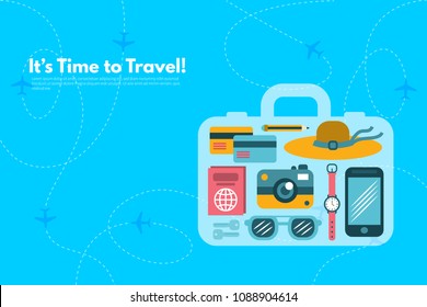 Traveler's accessories. Vacation elements. It’s Time to Travel text. Travel concept background. Flat design vector illustration