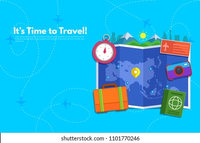 Traveler's accessories. Vacation elements. It’s Time to Travel text. Travel concept background. Flat design vector illustration