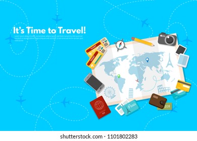 Traveler's accessories. Vacation elements. It’s Time to Travel text. Travel concept background. Flat design vector illustration