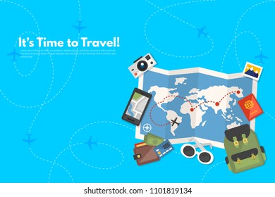 Traveler's accessories. Vacation elements. It’s Time to Travel text. Travel concept background. Flat design vector illustration