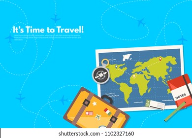 Traveler's accessories. Vacation elements. It’s Time to Travel text. Travel concept background. Flat design vector illustration