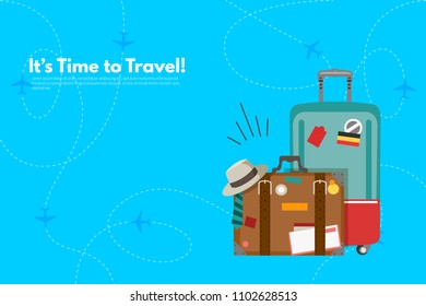 Traveler's accessories. Vacation elements. It’s Time to Travel text. Travel concept background. Flat design vector illustration