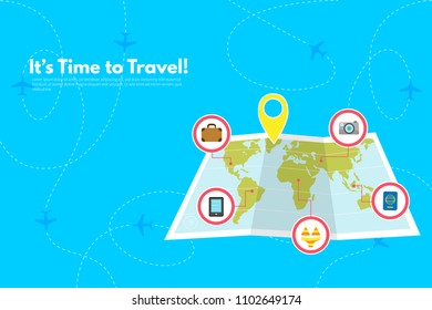 Traveler's accessories. Vacation elements. It’s Time to Travel text. Travel concept background. Flat design vector illustration